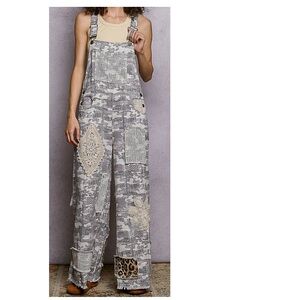 POL Gray Patchwork Wide Leg Overalls in Almond Camo